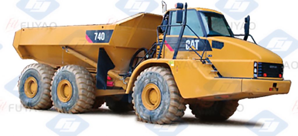 Yellow Caterpillar 740 dump truck with a CAT logo and 740 stickers on the side