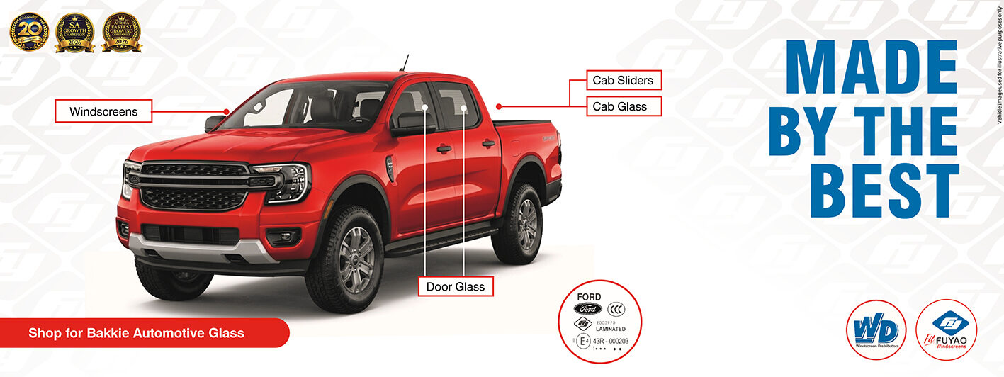 red toyota hilux bakkie windscreen with fuyao quality check logo