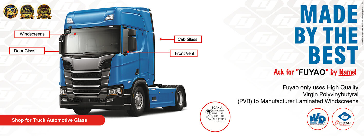 blue volvo truuck with windscreen fuyao quality check logo
